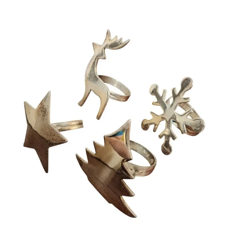 Vtg Pier 1 Imports Napkin Rings Silver Plated Set of 4 Christmas Tree Star India